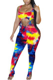 Yellow and blue Fashion Sexy adult Ma'am Patchwork Print asymmetrical Two Piece Suits pencil Sleeveless Two Pieces