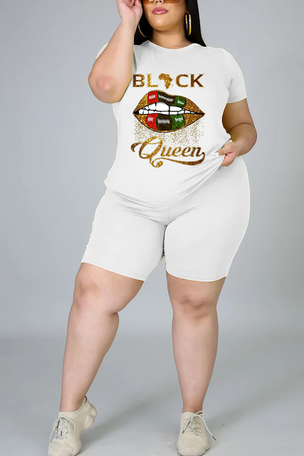 Weiße Mode Casual Erwachsene Ma'am O Neck Print Zweiteilige Anzüge Muster Plus Größe