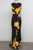 Черно-желтые сексуальные плиссированные платья с длинными рукавами и V-образным вырезом длиной до пола с принтом в стиле пэчворк