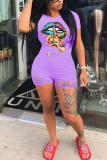 Light Purple Fashion Casual Print Burn-out Lip Short Sleeve O Neck Rompers