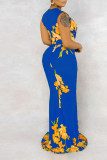 сине-желтые сексуальные плиссированные платья с длинными рукавами и V-образным вырезом длиной до пола с принтом в стиле пэчворк