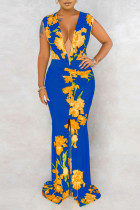 blaue und gelbe sexy lange Ärmel mit V-Ausschnitt, plissierte, bodenlange Patchwork-Kleider mit Druck