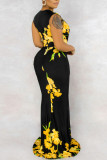 Noir jaune sexy manches longues col en V plissé étage-longueur impression patchwork robes