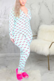White Sexy Print Long Sleeve V Neck Jumpsuits