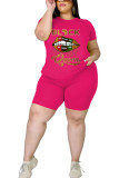 Розово-красный модный повседневный костюм для взрослых Ma'am с круглым вырезом и принтом, костюмы из двух предметов с рисунком, большие размеры