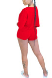 Röd Mode Sexig vuxen Fru Patchwork Solida tvådelade kostymer Rak halvärm Tvådelad