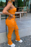 Trou d'impression sexy orange drapé botte coupe sans manches deux pièces