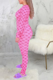 Pink Sexy Print Long Sleeve V Neck Jumpsuits
