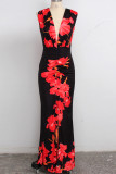 Schwarze und rote, sexy, lange Ärmel mit V-Ausschnitt, plissierte, bodenlange Patchwork-Kleider mit Print
