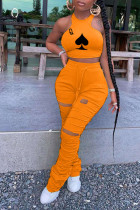 Trou d'impression sexy orange drapé botte coupe sans manches deux pièces