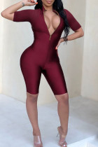 Wine Red Sexy Solid Short Sleeve V Neck Rompers