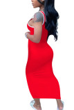 Red Fashion Sexy adult Ma'am Red Black Pink Royal blue Tank Sleeveless Slip Step Skirt Ankle-Length Solid Dresses