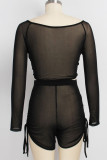 Black Network Sexy Patchwork Mesh Skinny Long Sleeve Two Pieces