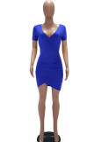 Color blue Milk. Fashion adult Europe and America Ma'am Cap Sleeve Short Sleeves V Neck Pencil Dress Knee-Length Solid Dresses