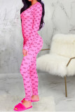 Pink Sexy Print Long Sleeve V Neck Jumpsuits
