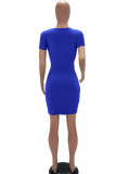 Color blue Milk. Fashion adult Europe and America Ma'am Cap Sleeve Short Sleeves V Neck Pencil Dress Knee-Length Solid Dresses