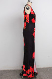 Vestidos de patchwork estampados hasta el suelo plisados ​​con cuello en V y manga larga sexy en negro y rojo