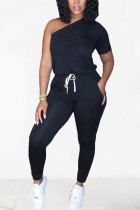 Zwarte mode casual volwassen mevrouw patchwork effen asymmetrische tweedelige pakken rechte twee stukken met korte mouwen