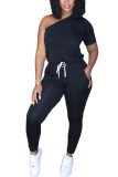 黒のファッションカジュアル大人奥様パッチワーク固体非対称ツーピーススーツストレート半袖ツーピース