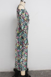 multicolor Sexig flerfärgad långärmad asymmetrisk krage pennklänning med mitten av kalvenstryck Trasiga blommor kedja Klänningar