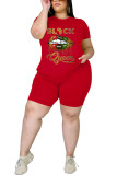 Patrón de trajes de dos piezas con estampado de cuello redondo de señora para adulto informal de moda roja de talla grande