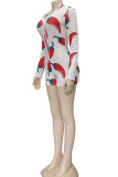 Red Fashion Casual Print Long Sleeve V Neck Rompers