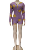 Фиолетовый модный повседневный комбинезон с длинным рукавом и V-образным вырезом с принтом
