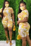 Yellow Casual Print Straight Short Sleeve Two Pieces