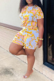 Yellow Casual Print Straight Short Sleeve Two Pieces