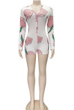 Pink Fashion Casual Print Long Sleeve V Neck Rompers