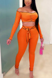 Arancione Fashion Sexy adulto signora Patchwork solido due pezzi abiti matita manica lunga due pezzi