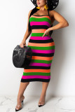 Yellow Fashion Sexy adult Ma'am Off The Shoulder Sleeveless Halter Neck Step Skirt Mid-Calf Striped Dresses