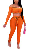 Moda naranja Sexy adulto señora Patchwork sólido dos piezas trajes lápiz manga larga dos piezas
