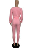 Roze Mode Patchwork Effen Asymmetrische V-hals Lange Mouw Twee Stukken