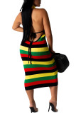 Green Fashion Sexy adult Ma'am Off The Shoulder Sleeveless Halter Neck Step Skirt Mid-Calf Striped Dresses