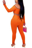 オレンジファッションセクシーな大人の奥様パッチワークソリッドツーピーススーツペンシル長袖ツーピース