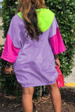 violet manches décontractées manches 3/4 col rond jupe trapèze imprimé patchwork poche chaîne robes