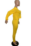 Желтый Мода Пэчворк Однотонный Асимметричный V-образный вырез Длинный рукав Из двух частей