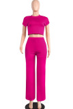 fuchsia Milk Silk Fashion adult Europe and America Ma'am Solid Two Piece Suits Loose Short Sleeve Two Pieces