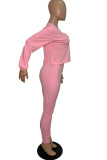 ピンク ファッション パッチワーク 無地 非対称 Vネック 長袖 ツーピース