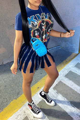 Blue Casual Black Short Sleeves O neck cake dress Knee-Length Print Dresses