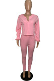 Pink Fashion Patchwork Solid Asymmetrical V Neck Long Sleeve Two Pieces