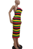 Yellow Fashion Sexy adult Ma'am Off The Shoulder Sleeveless Halter Neck Step Skirt Mid-Calf Striped Dresses