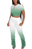 Fluorescent green Fashion Sexy adult Ma'am Solid Gradient Two Piece Suits pencil Short Sleeve Two Pieces