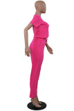 Roze volwassen casual mode effen tweedelige pakken patchwork bandage rechte korte mouw