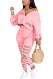 ピンクのベネチアンファッションカジュアル大人Ma'amソリッドバーンアウトツーピーススーツペンシルロングスリーブツーピース