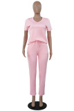 ピンク 大人 カジュアル ファッション 無地 ツーピース スーツ パッチワーク 包帯 ストレート 半袖