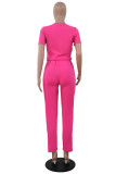 ピンク 大人 カジュアル ファッション 無地 ツーピース スーツ パッチワーク 包帯 ストレート 半袖