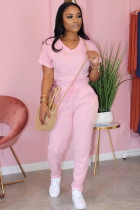 Розовый взрослый Повседневная мода Твердые костюмы из двух частей Пэчворк Бинты Прямой короткий рукав
