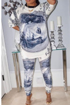 Marinblå Mjölk Silke Mode Aktiv vuxen Madam Print Tvådelade kostymer Rak halvärm Tvådelad